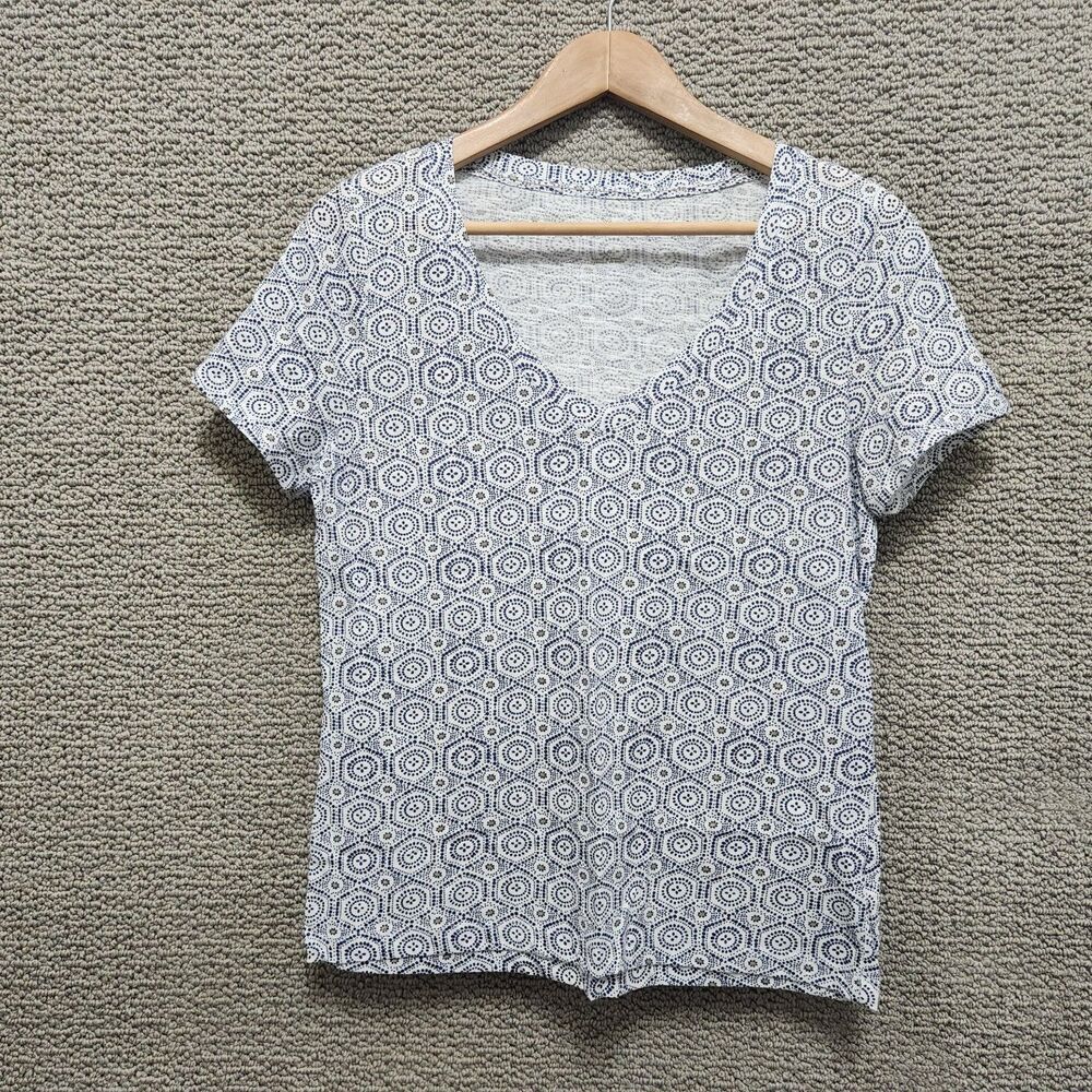 PRINCE & FOX Women's White Blue Geometric Print V-Neck Top Size L